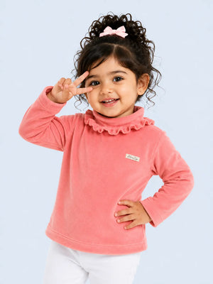 BloomUp Peach Textured Ruffle Neck Top for Girls – Soft Kids High Neck Winter Wear Top