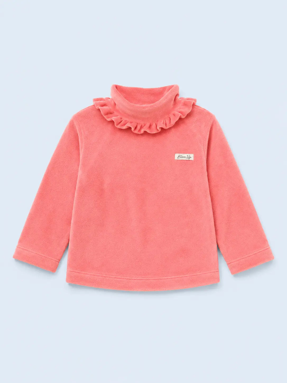 BloomUp Peach Textured Ruffle Neck Top for Girls – Soft Kids High Neck Winter Wear Top