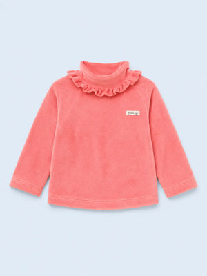 BloomUp Peach Textured Ruffle Neck Top for Girls – Soft Kids High Neck Winter Wear Top