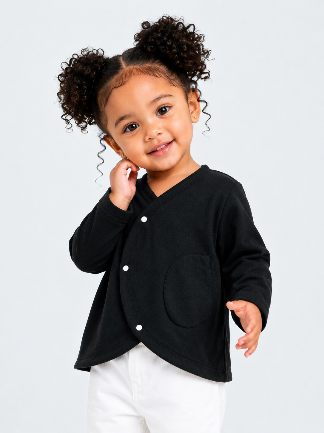 Black Wrap-Style Full Sleeve Baby Cardigan – Soft Cotton Snap Button Layering Top BloomUp