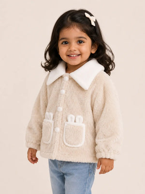 BloomUp Cream Teddy Fur Button Jacket for Kids – Ultra Soft Plush Winter Coat with Wide Collar Cozy Warm Outerwear