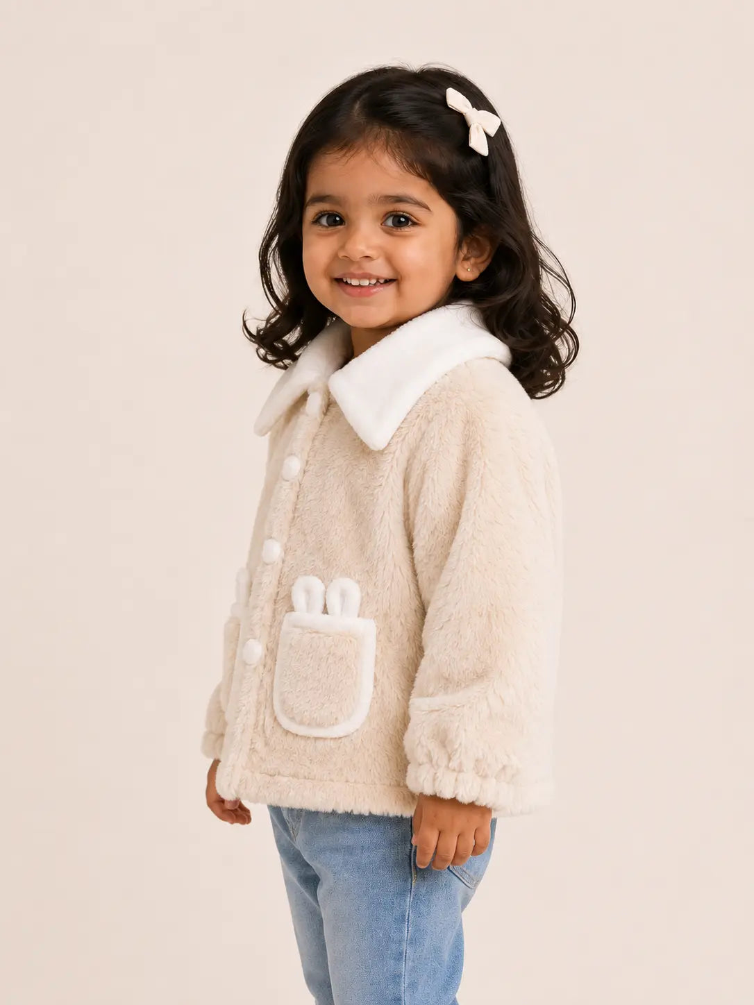 BloomUp Cream Teddy Fur Button Jacket for Kids – Ultra Soft Plush Winter Coat with Wide Collar Cozy Warm Outerwear