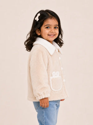 BloomUp Cream Teddy Fur Button Jacket for Kids – Ultra Soft Plush Winter Coat with Wide Collar Cozy Warm Outerwear