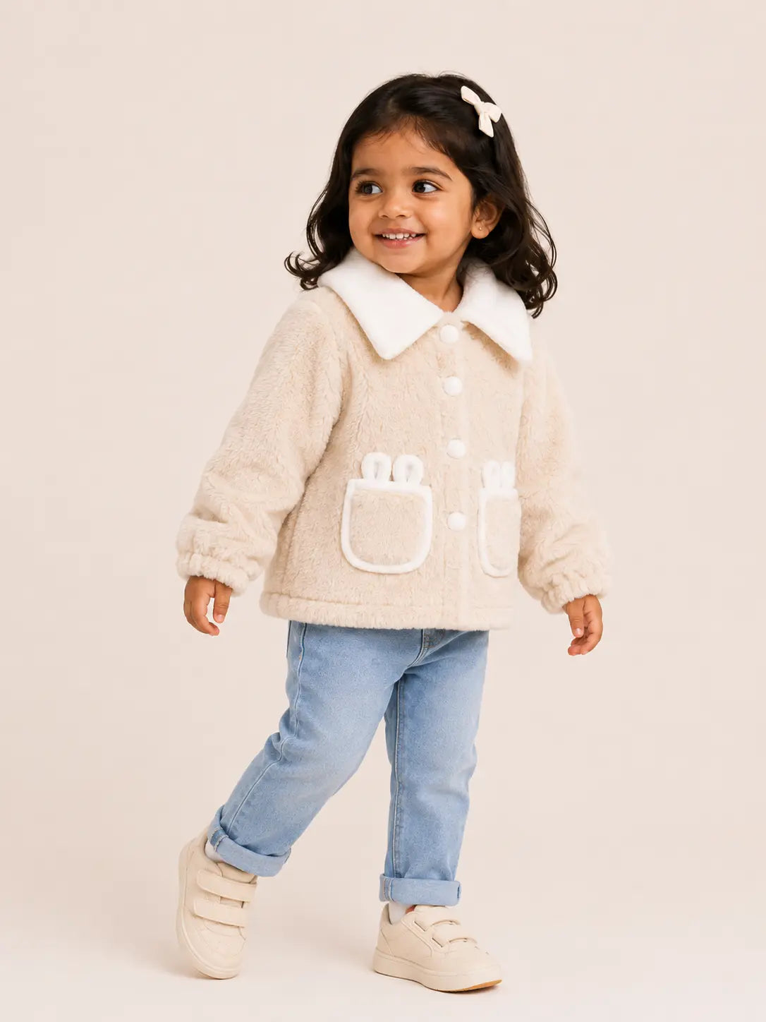 BloomUp Cream Teddy Fur Button Jacket for Kids – Ultra Soft Plush Winter Coat with Wide Collar Cozy Warm Outerwear