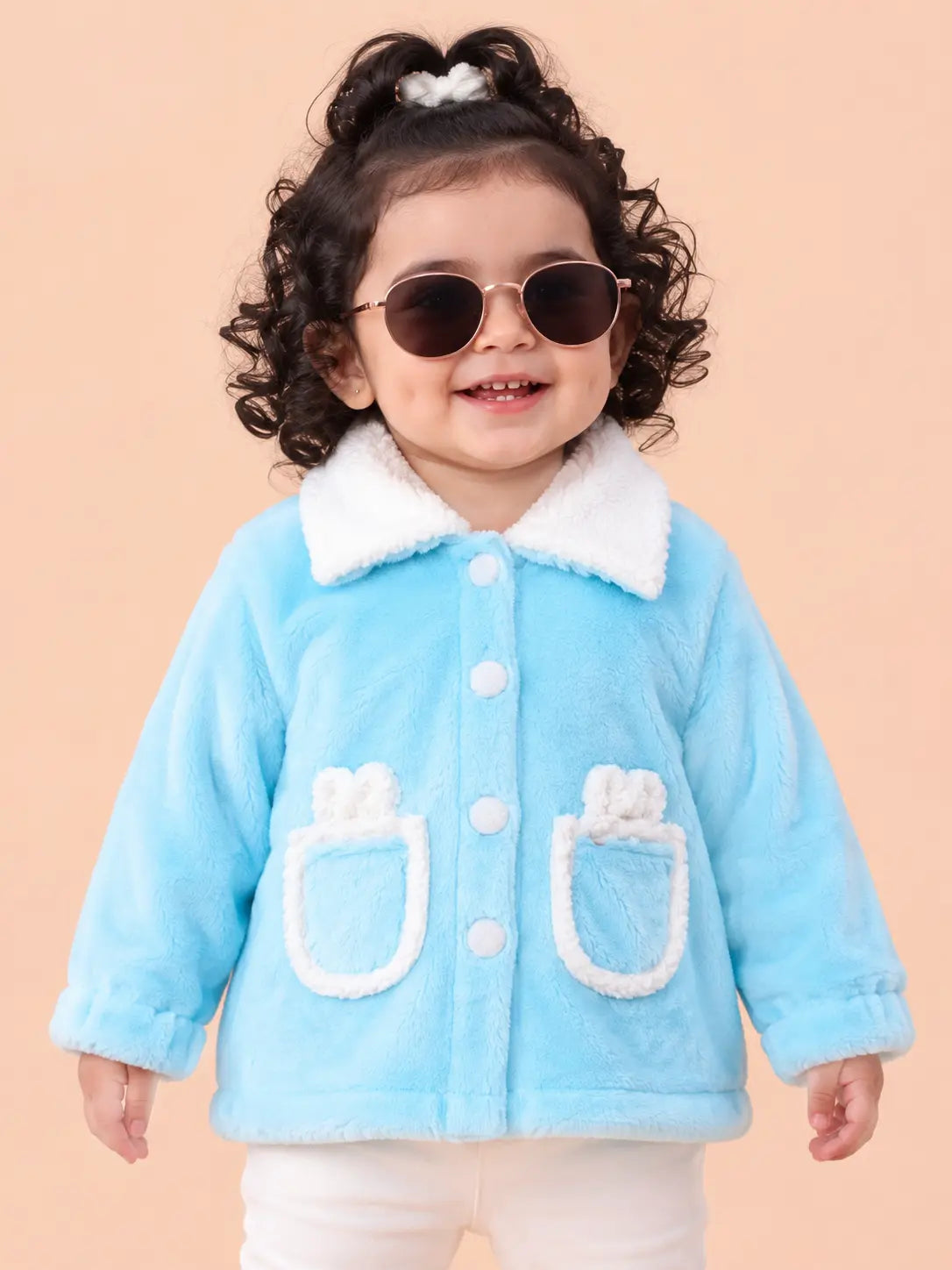 BloomUp Sky Blue Teddy Fleece Jacket for Girls – Soft Sherpa Collar Kids Winter Outerwear