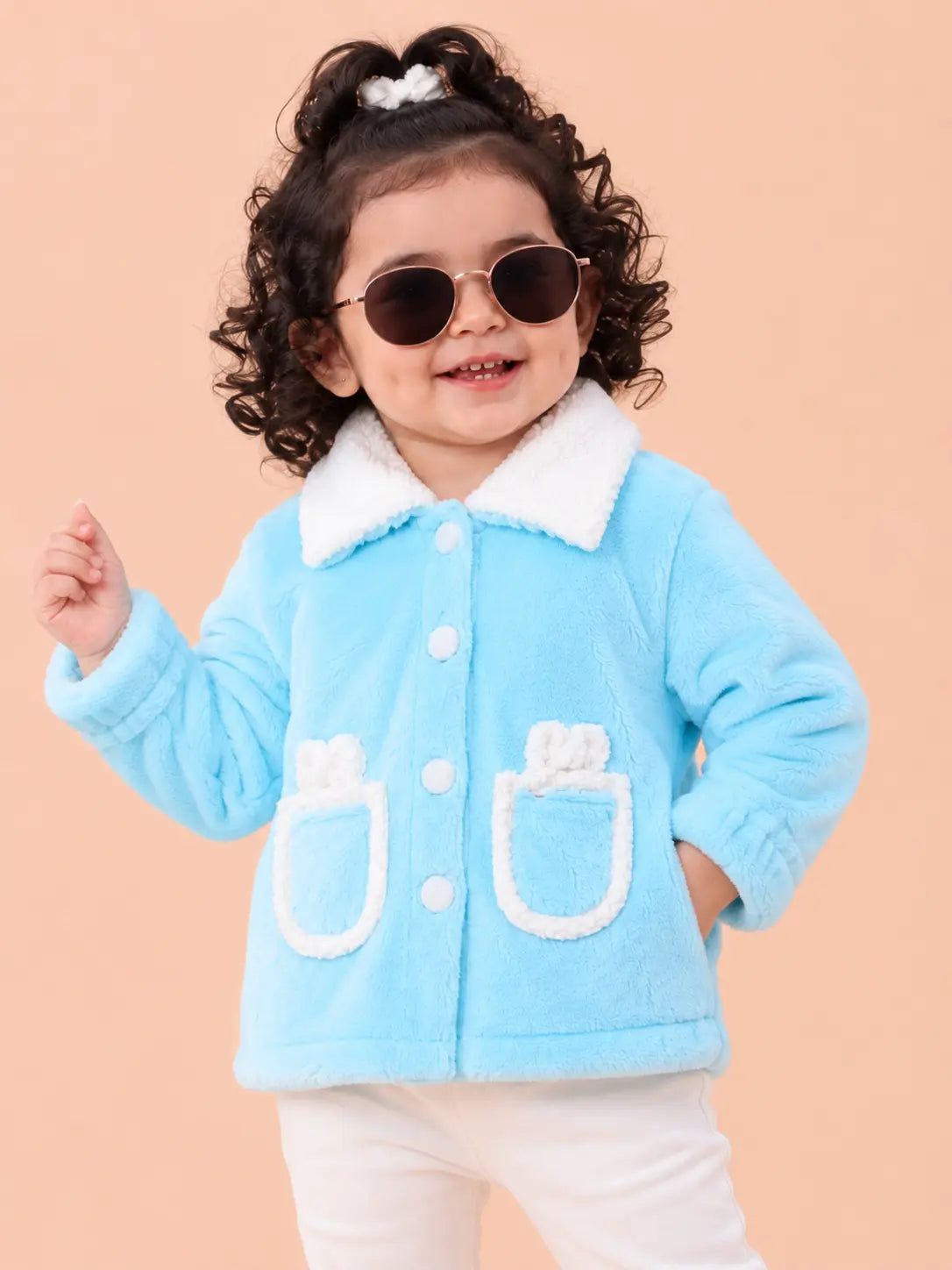 BloomUp Sky Blue Teddy Fleece Jacket for Girls – Soft Sherpa Collar Kids Winter Outerwear