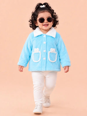 BloomUp Sky Blue Teddy Fleece Jacket for Girls – Soft Sherpa Collar Kids Winter Outerwear