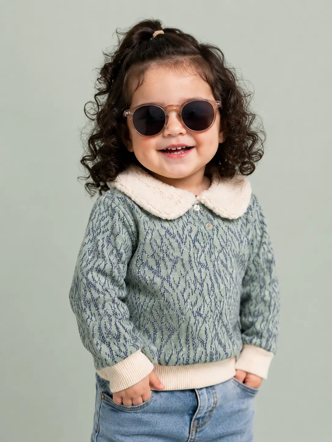Blue Green Textured Collar Sweater for Girls – Soft Knit Winter Wear Elegant Casual Pullover Top