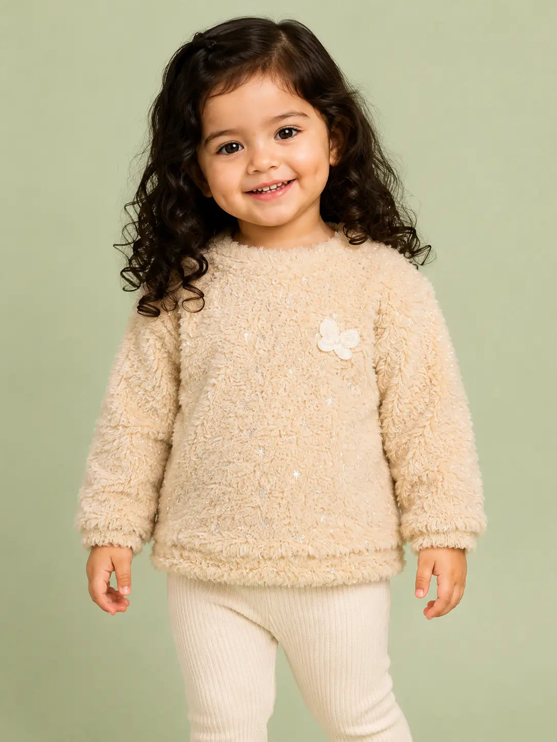 BloomUp Cream Soft Teddy Fleece Butterfly Sweatshirt for Girls – Cozy Winter Pullover for Kids