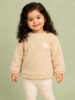 BloomUp Cream Soft Teddy Fleece Butterfly Sweatshirt for Girls – Cozy Winter Pullover for Kids