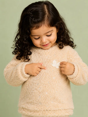 BloomUp Cream Soft Teddy Fleece Butterfly Sweatshirt for Girls – Cozy Winter Pullover for Kids