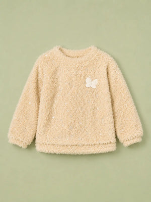BloomUp Cream Soft Teddy Fleece Butterfly Sweatshirt for Girls – Cozy Winter Pullover for Kids