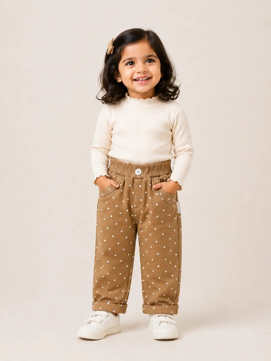 BloomUp Brown Polka Dot Cotton Pants for Kids – Soft Stretchy Everyday Wear Comfort Fit Trousers for Boys & Girls