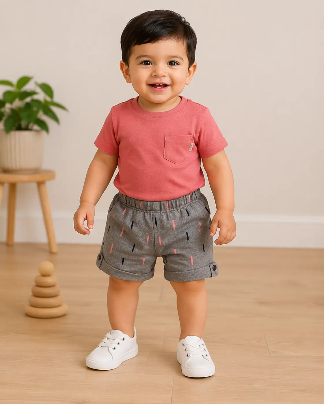Kids Grey Printed Elastic Waist Shorts with Folded Hem BloomUp