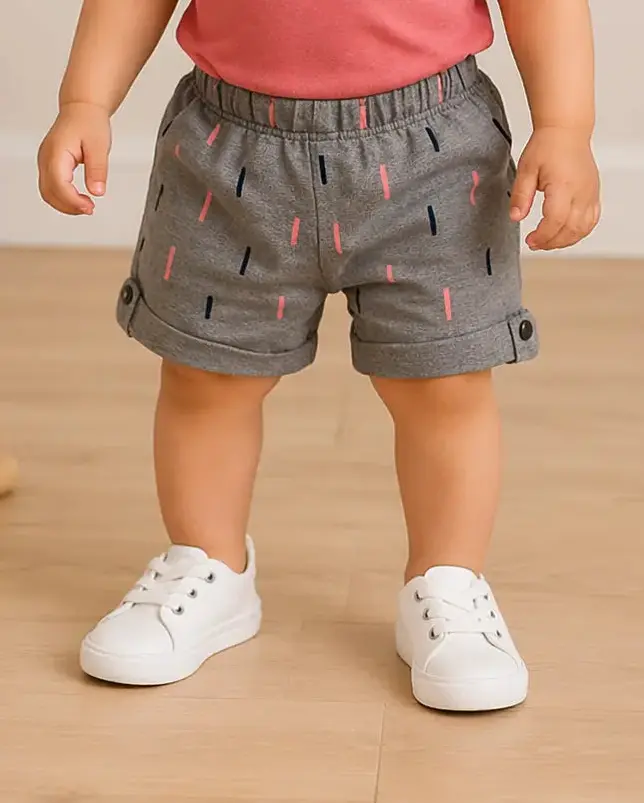BloomUp Kids Grey Printed Elastic Waist Shorts with Folded Hem