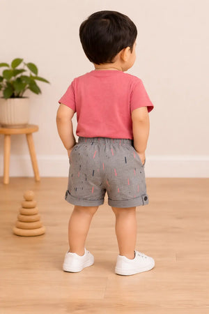 Kids Grey Printed Elastic Waist Shorts with Folded Hem BloomUp