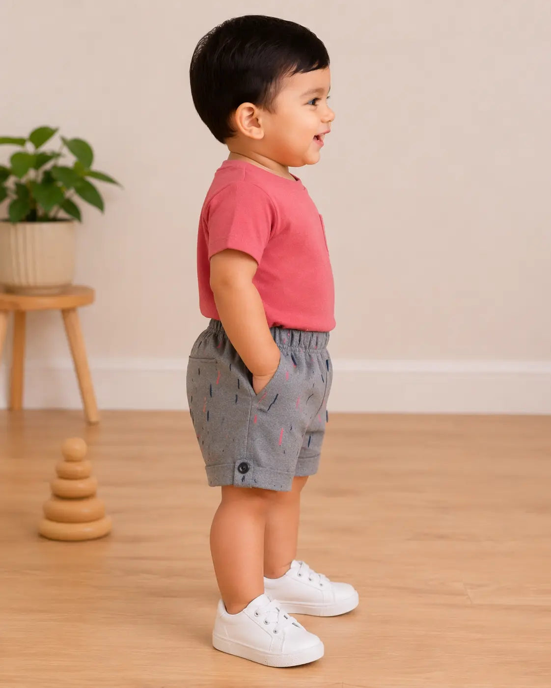 Kids Grey Printed Elastic Waist Shorts with Folded Hem BloomUp