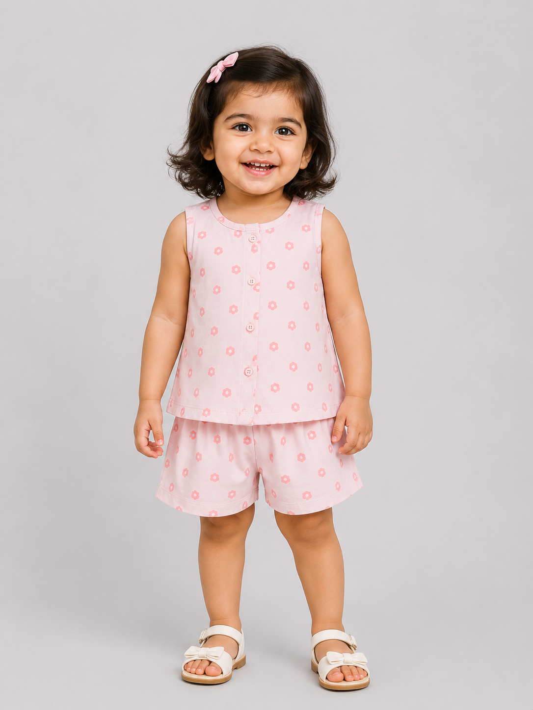 Girls Pink Sleeveless Printed Top Soft Cotton Clothing Set BloomUp