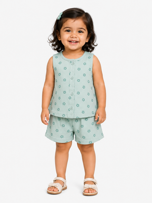 Girls Mint Sleeveless Printed Top Soft Cotton Clothing Set BloomUp