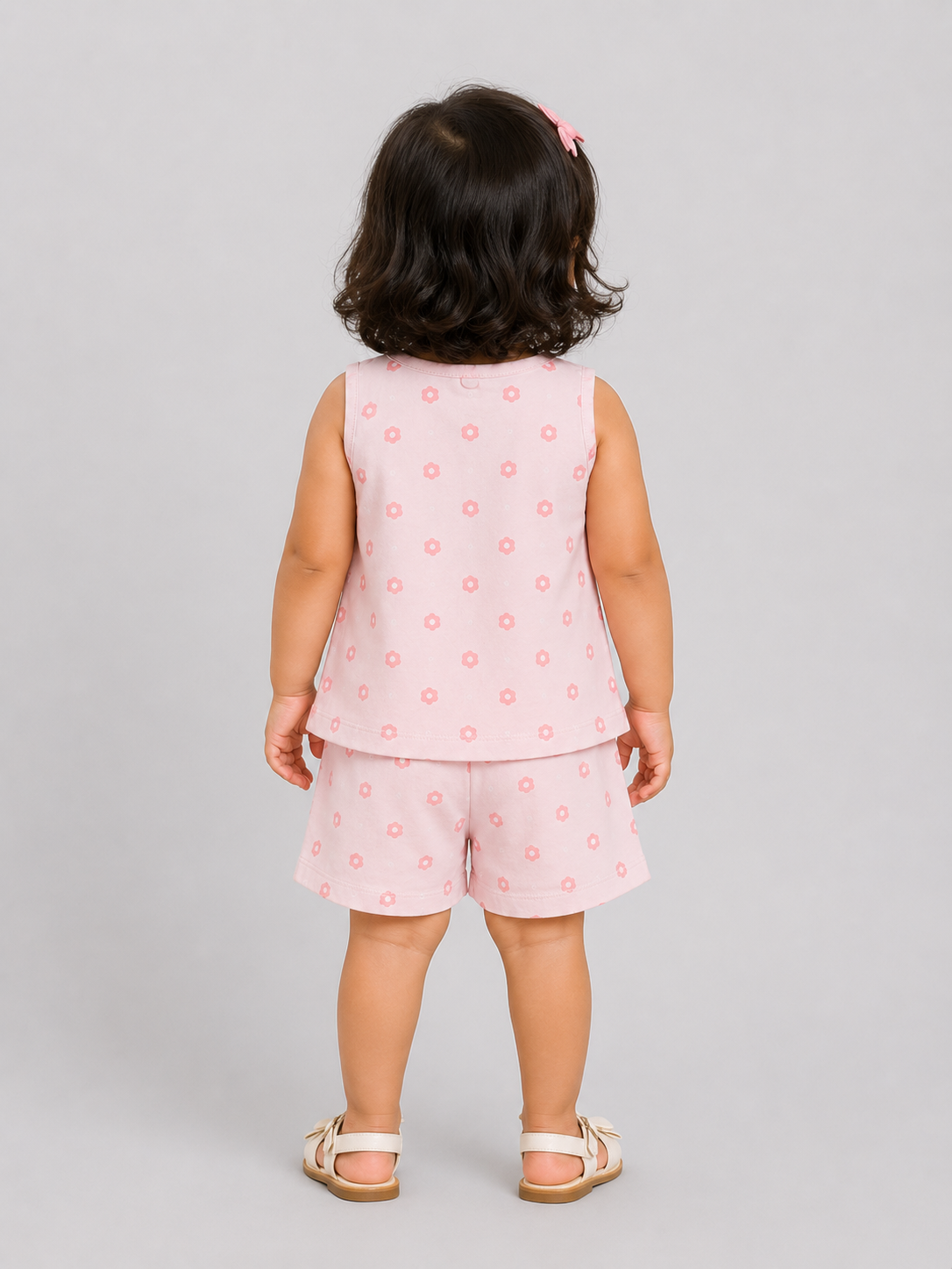 Girls Pink Sleeveless Printed Top Soft Cotton Clothing Set BloomUp