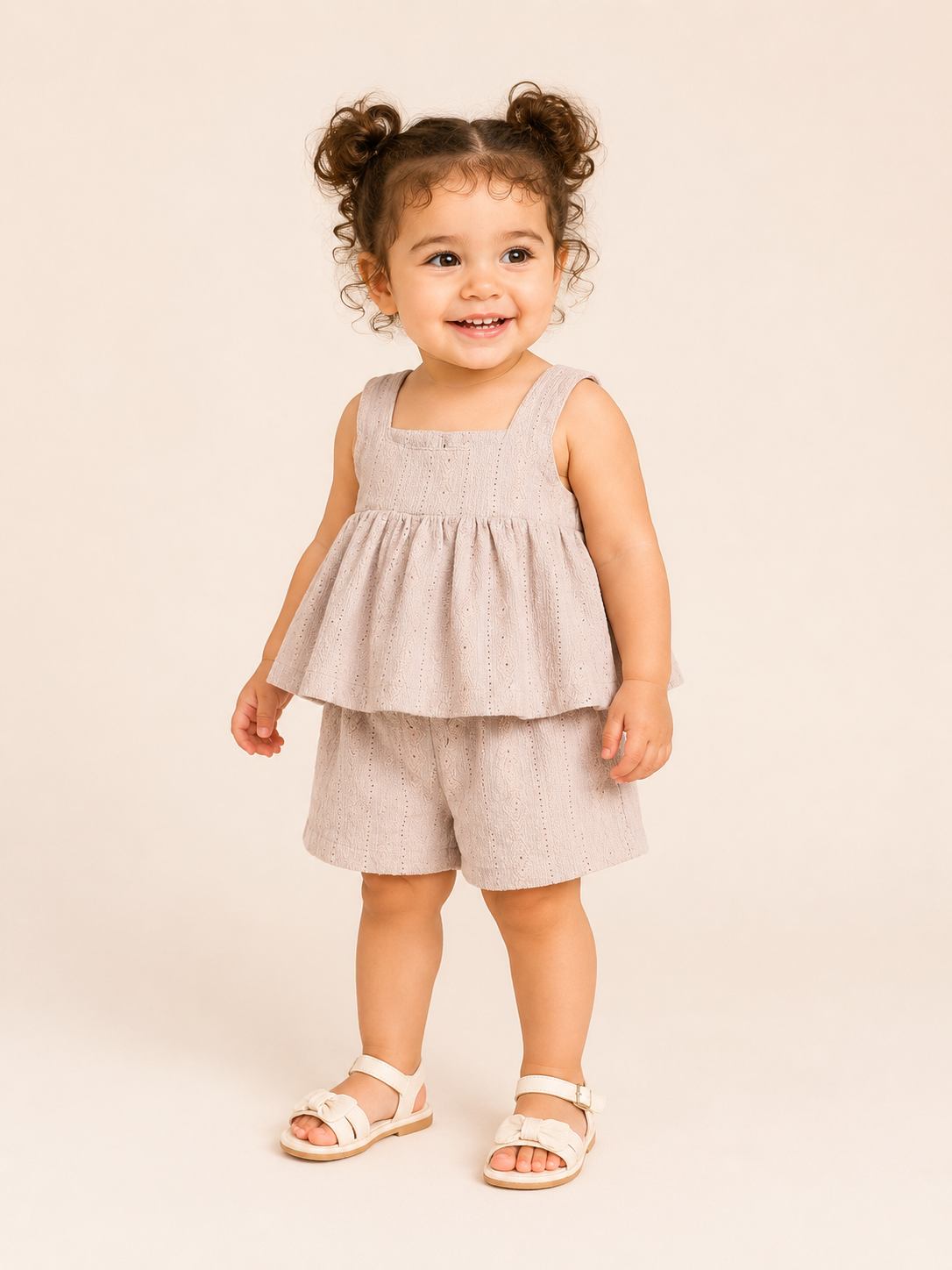 Girls Beige Sleeveless Top And Soft Cotton Clothing Set BloomUp