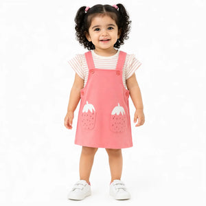 Baby Girls Peach Pinafore Dress with Strawberry Pocket Detail & Striped Tee Set BloomUp