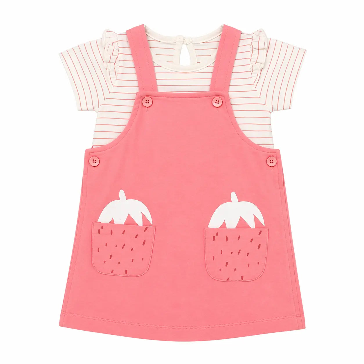 Baby Girls Peach Pinafore Dress with Strawberry Pocket Detail & Striped Tee Set BloomUp