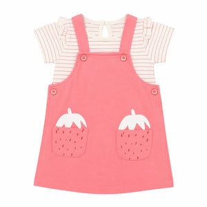Baby Girls Peach Pinafore Dress with Strawberry Pocket Detail & Striped Tee Set BloomUp