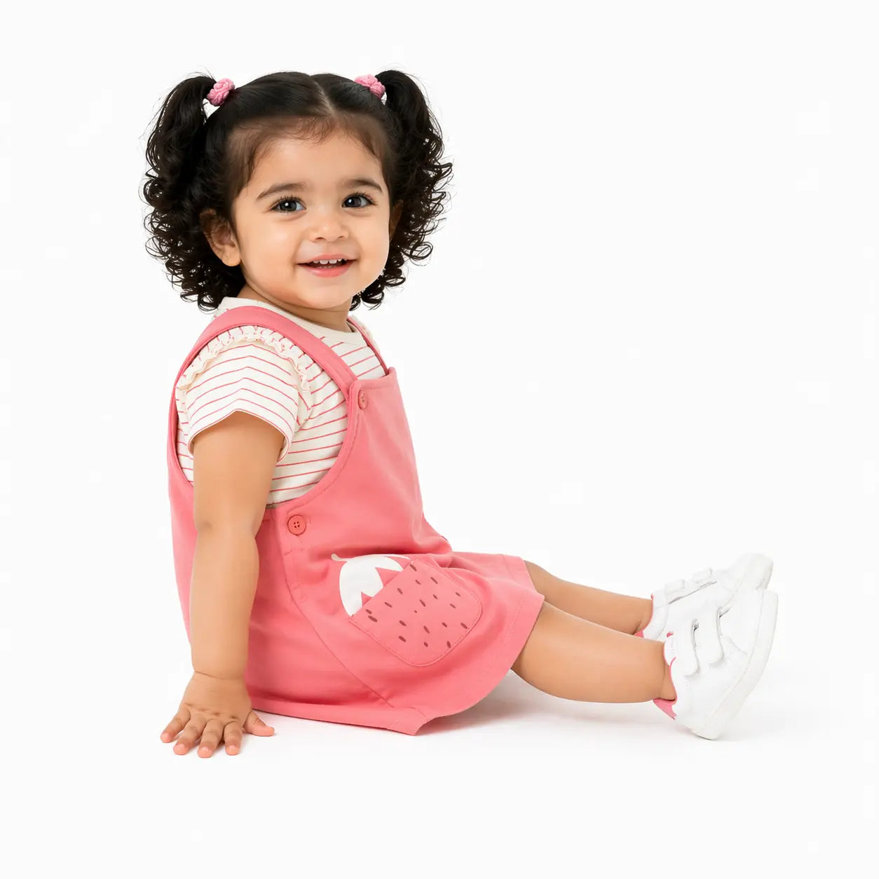 Baby Girls Peach Pinafore Dress with Strawberry Pocket Detail & Striped Tee Set BloomUp