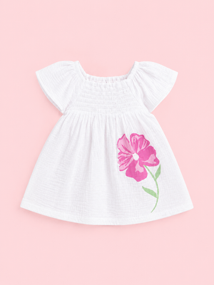 Girls White Flutter Sleeve Dress Soft Cotton Kids Fashion Wear BloomUp
