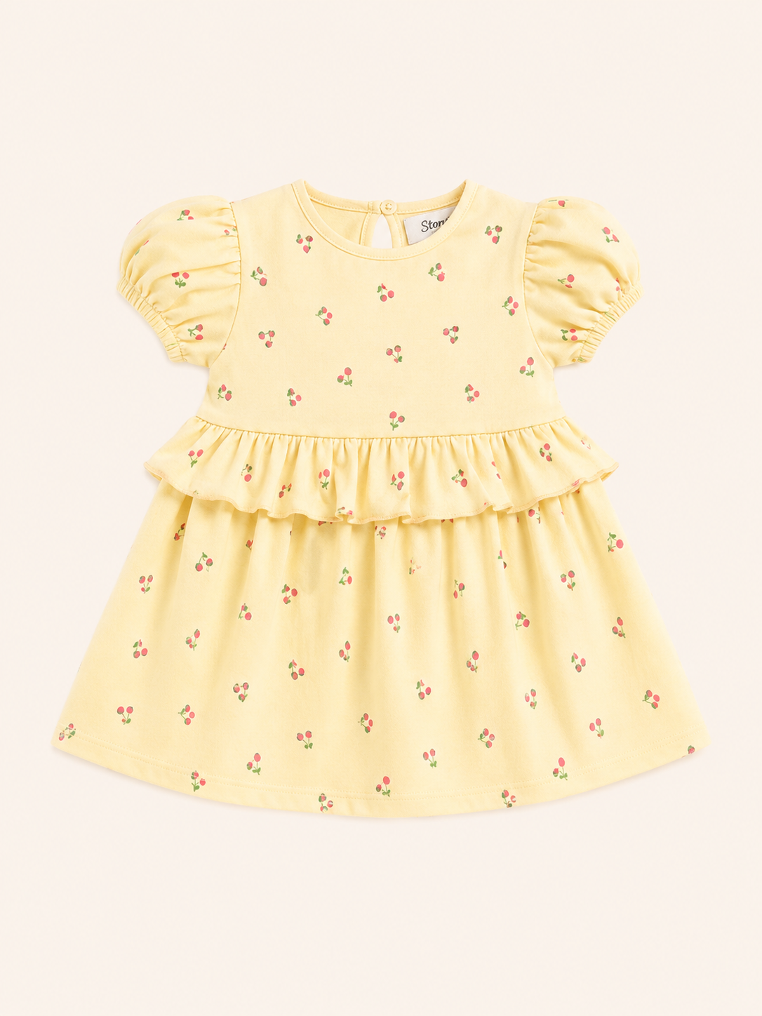 Girls Yellow Puff Sleeve Printed Soft Cotton Kids Fashion Wear BloomUp