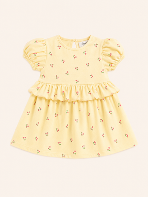 Girls Yellow Puff Sleeve Printed Soft Cotton Kids Fashion Wear BloomUp
