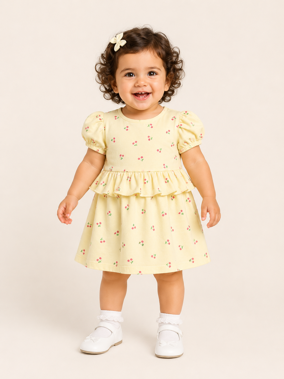 Girls Yellow Puff Sleeve Printed Soft Cotton Kids Fashion Wear BloomUp