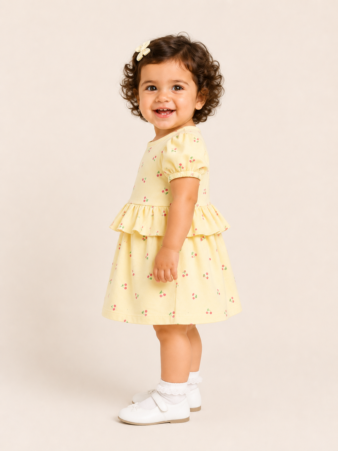 Girls Yellow Puff Sleeve Printed Soft Cotton Kids Fashion Wear BloomUp