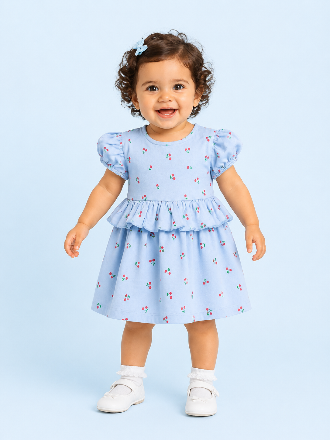 Girls Blue Flutter Sleeve Printed Soft Cotton Kids Fashion Wear BloomUp
