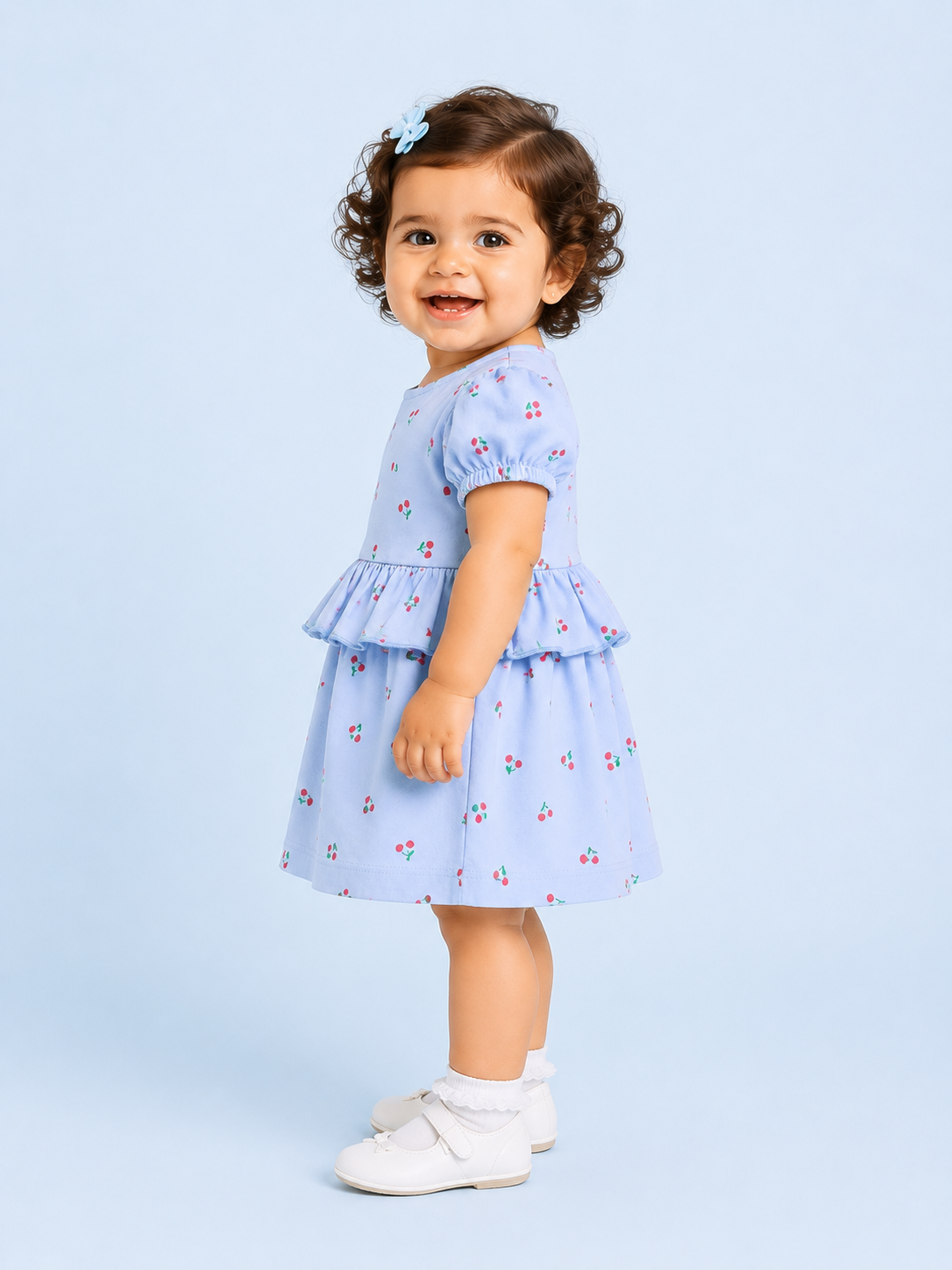 Girls Blue Flutter Sleeve Printed Soft Cotton Kids Fashion Wear BloomUp