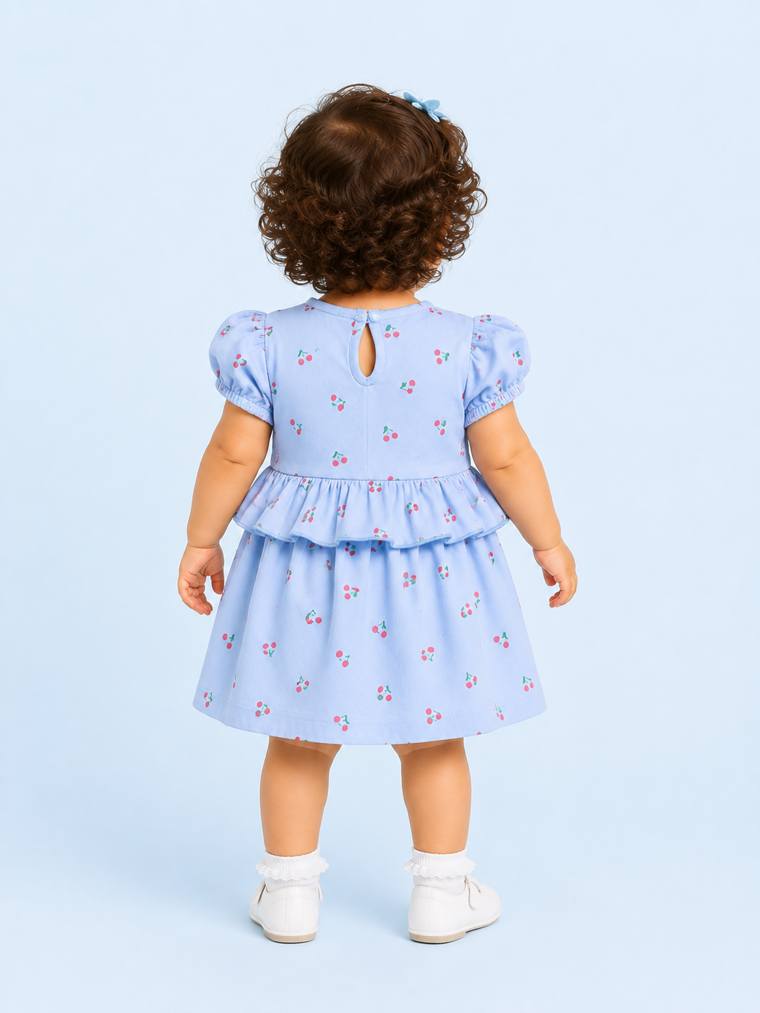 Girls Blue Flutter Sleeve Printed Soft Cotton Kids Fashion Wear BloomUp