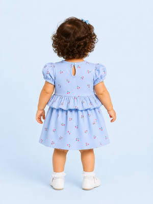 Girls Blue Flutter Sleeve Printed Soft Cotton Kids Fashion Wear BloomUp