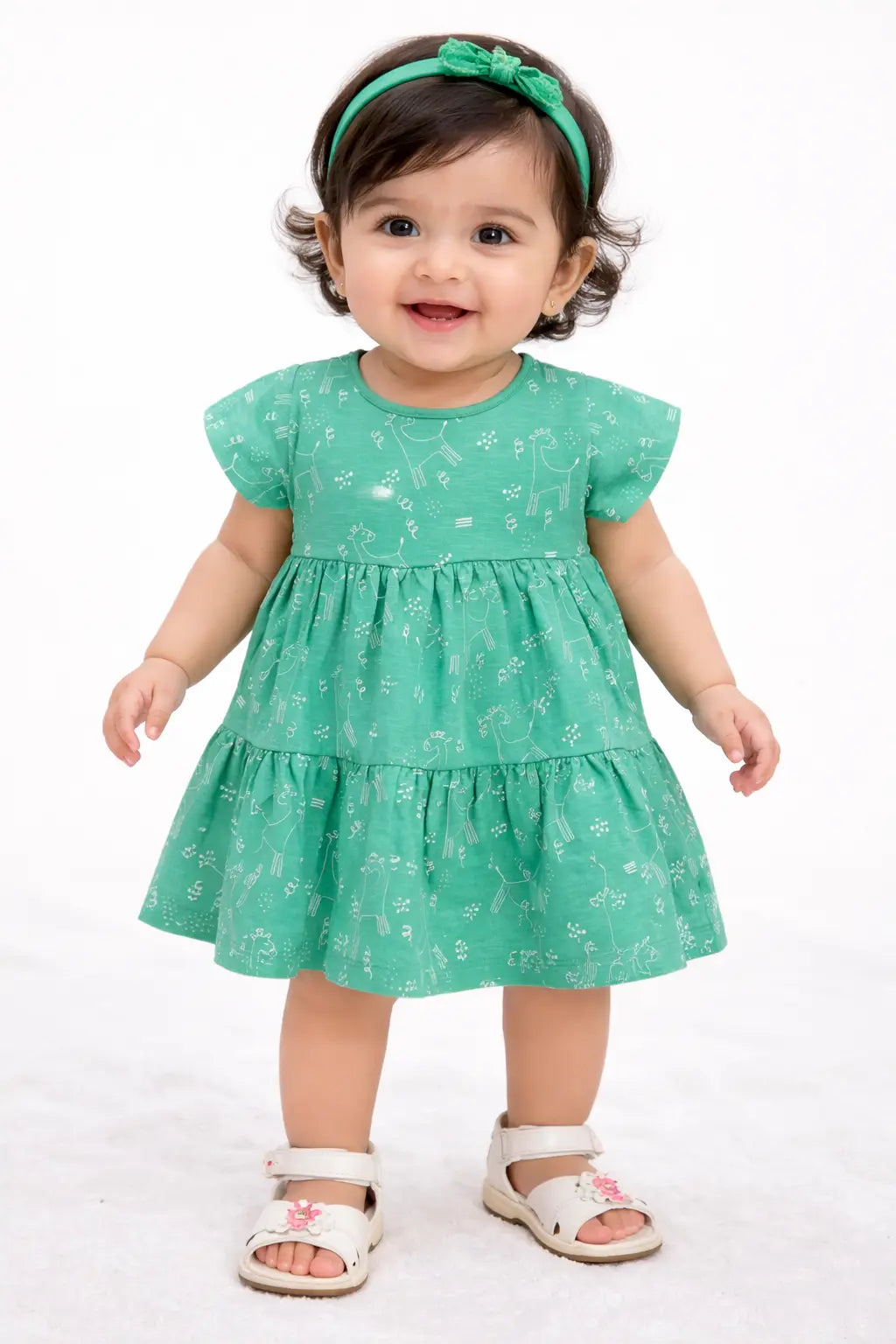 Green Printed Tiered Kids Dress – Soft Cotton Summer Wear for Girls BloomUp