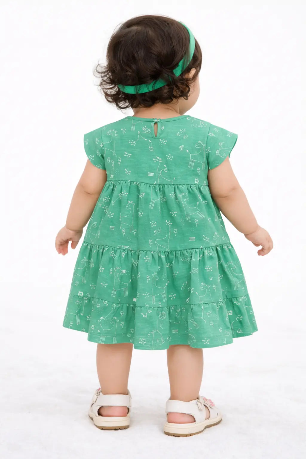 Green Printed Tiered Kids Dress – Soft Cotton Summer Wear for Girls BloomUp