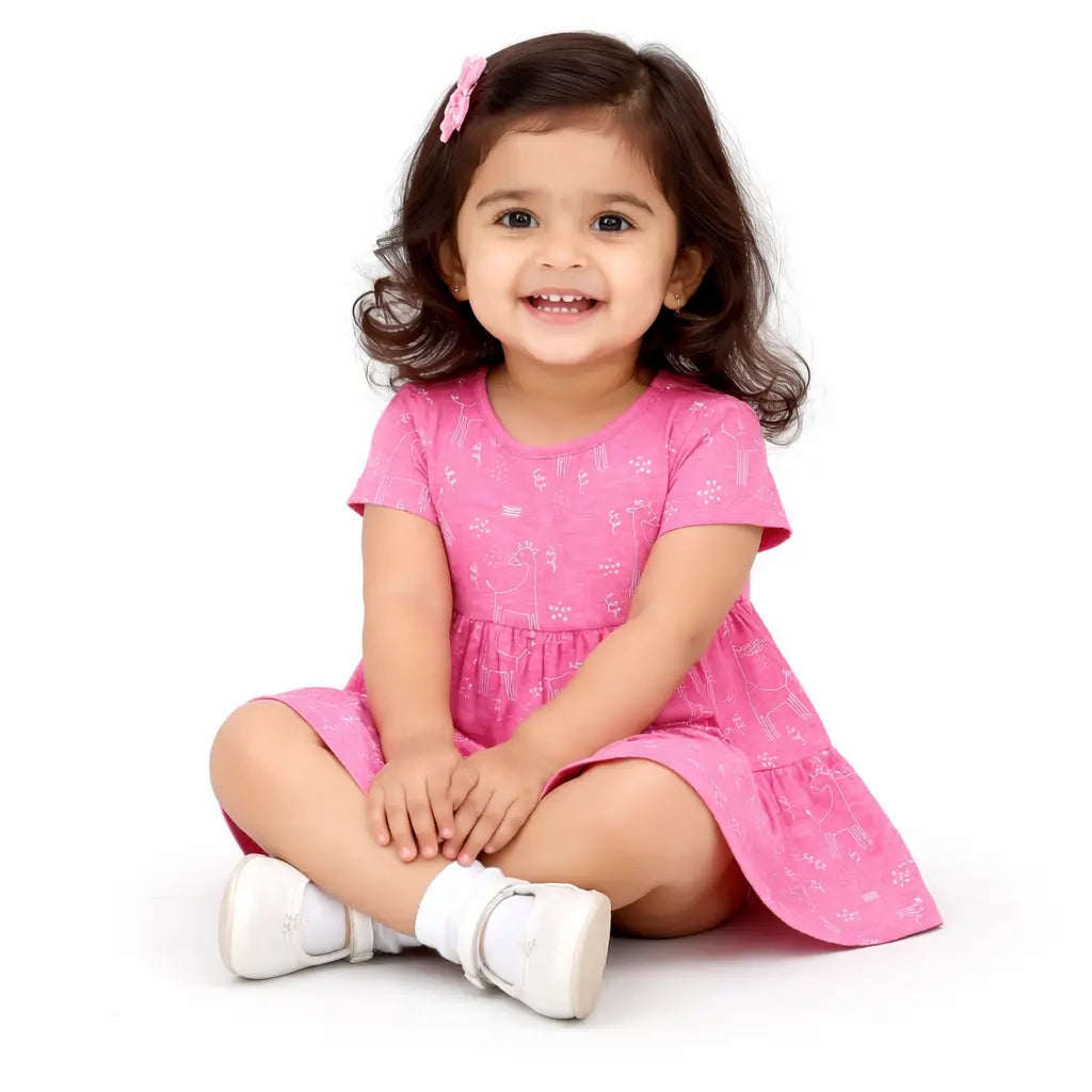 Pink Printed Tiered Kids Dress – Soft Cotton Summer Wear for Girls BloomUp