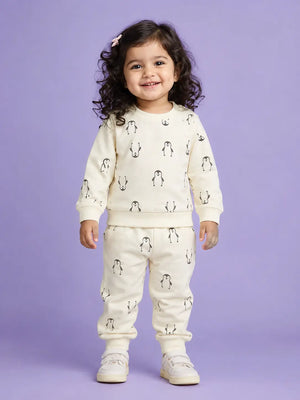 BloomUp Cream Penguin Print Co-ord Set for Baby Girls – Soft Sweatshirt & Jogger Pants Set