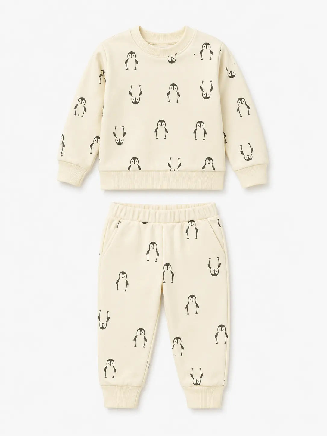 BloomUp Cream Penguin Print Co-ord Set for Baby Girls – Soft Sweatshirt & Jogger Pants Set