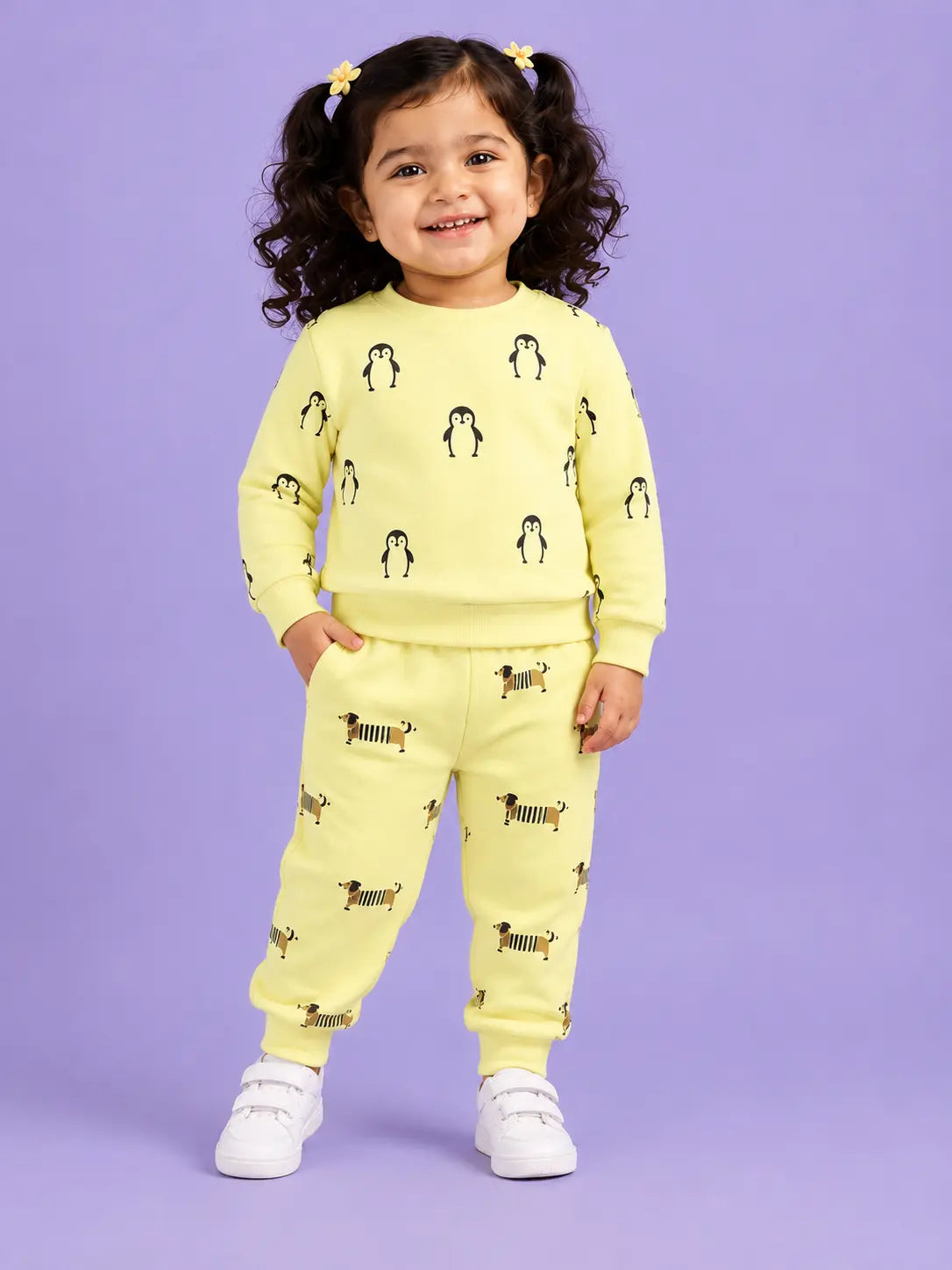 BloomUp Cream Penguin Print Co-ord Set for Baby Girls – Soft Sweatshirt & Jogger Pants Set