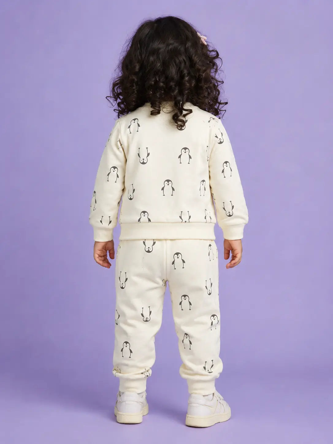 BloomUp Cream Penguin Print Co-ord Set for Baby Girls – Soft Sweatshirt & Jogger Pants Set
