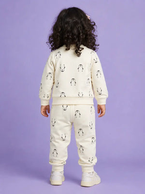 BloomUp Cream Penguin Print Co-ord Set for Baby Girls – Soft Sweatshirt & Jogger Pants Set