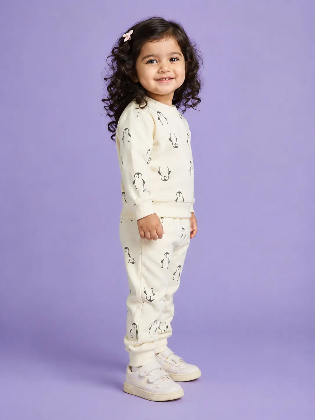 BloomUp Cream Penguin Print Co-ord Set for Baby Girls – Soft Sweatshirt & Jogger Pants Set