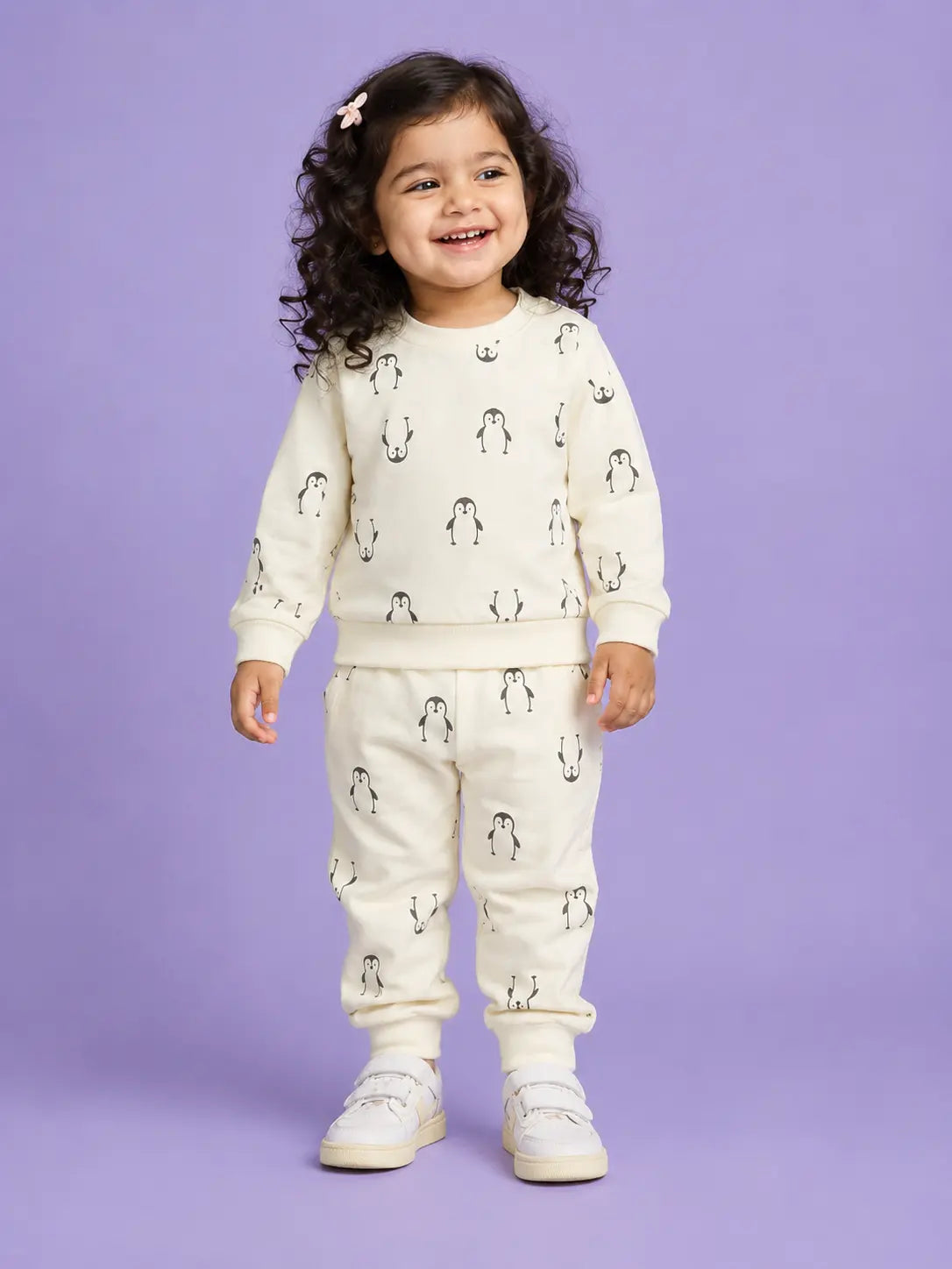 BloomUp Cream Penguin Print Co-ord Set for Baby Girls – Soft Sweatshirt & Jogger Pants Set