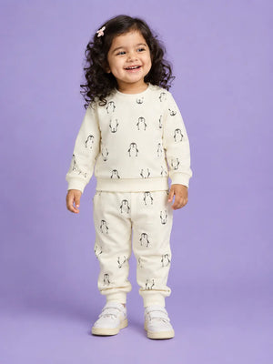 BloomUp Cream Penguin Print Co-ord Set for Baby Girls – Soft Sweatshirt & Jogger Pants Set