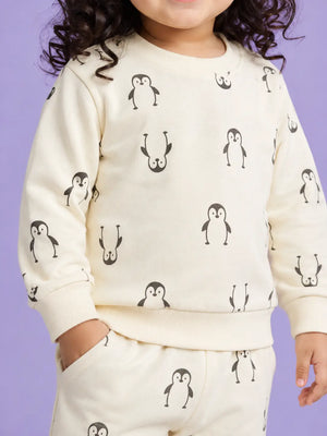 BloomUp Cream Penguin Print Co-ord Set for Baby Girls – Soft Sweatshirt & Jogger Pants Set